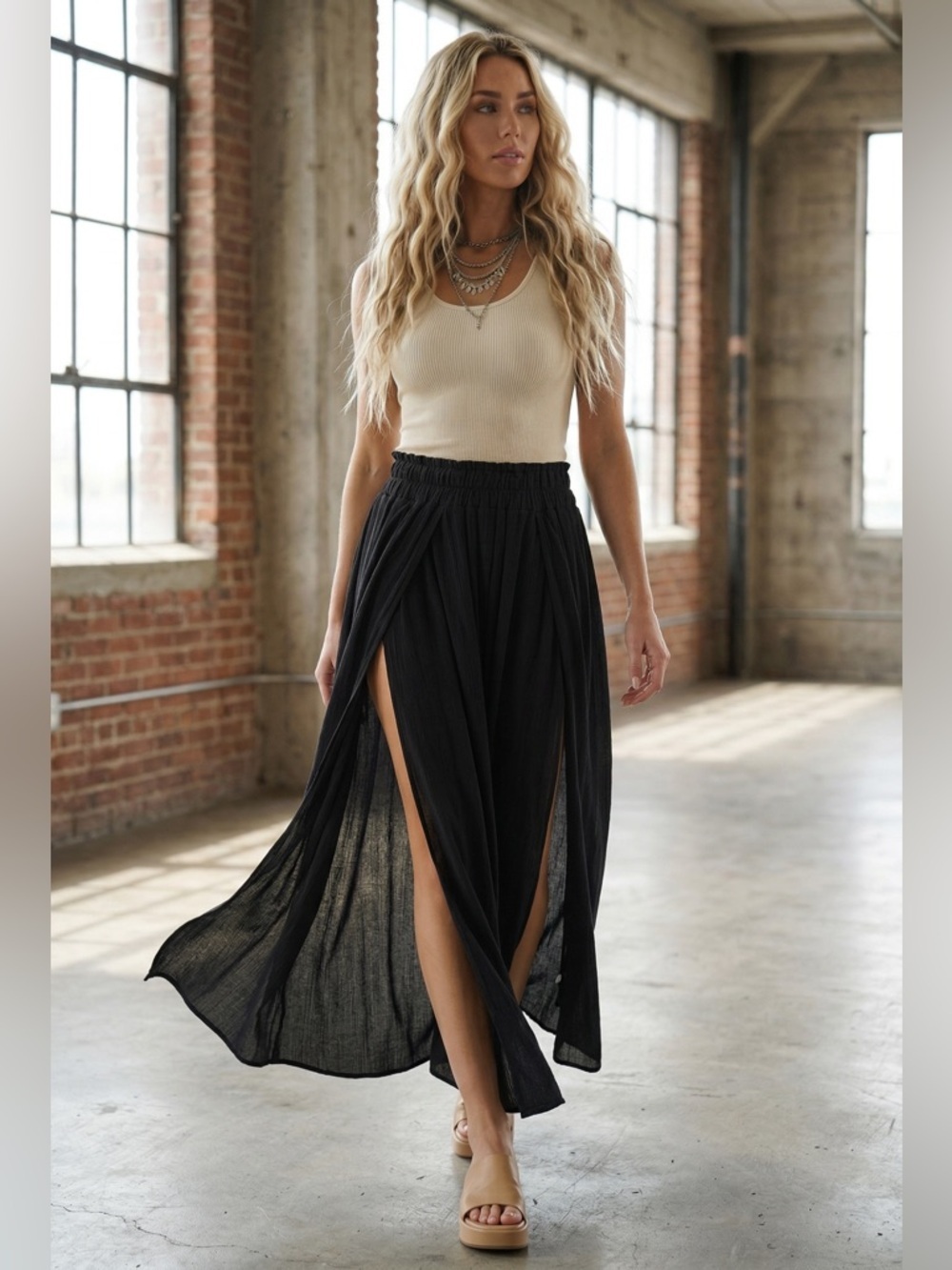 NWT High Double Slit Gauze Crinkle Maxi Skirt Black